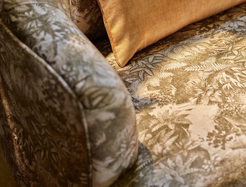 Grassington 2 Seater Sofa in RHS Botanicals on Velvet Ferns Toile Olive with scatter in Almost Plain Velvet Harvest Fabric Detail